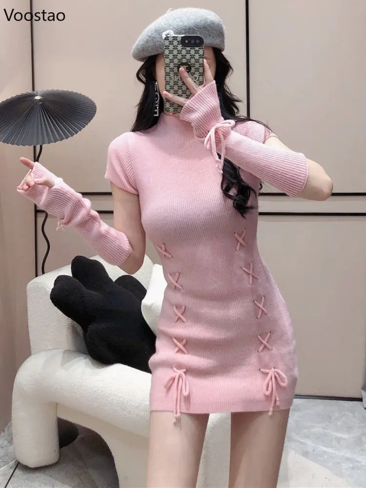 

Spring Autumn Knitted Dress Party Sexy Slim Casual Y2k Bandage Mini Dress Long Sweater With Oversleeve Women Elegant Sweet Dress