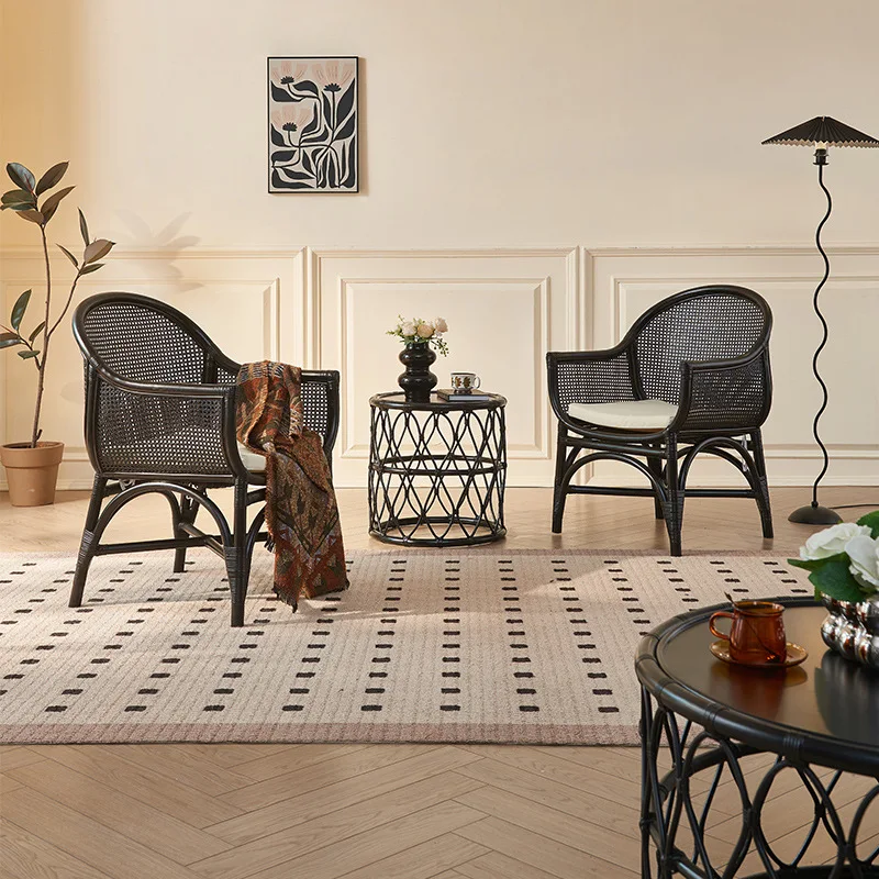 

Rattan chair with seat cushion Indonesian rattan art French retro homestay bedroom chair tea table three-piece set