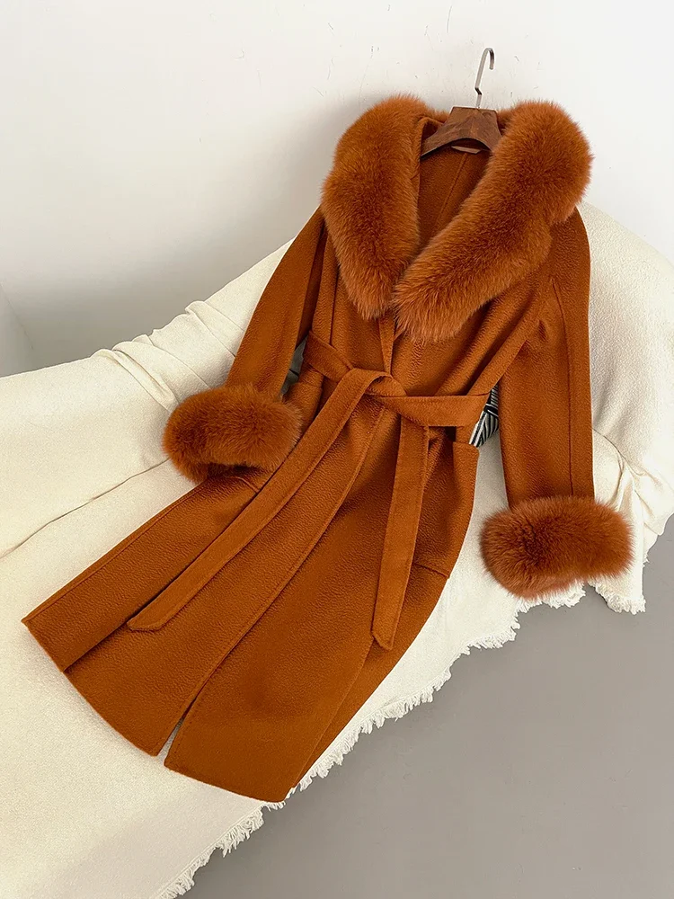 2025 الشتاء سيدة فضفاضة ترتيب الأسرة طوق ملابس خارجية النساء ريال فوكس الفراء الصوف يمزج معطف سترة أنيقة طوق مكتب