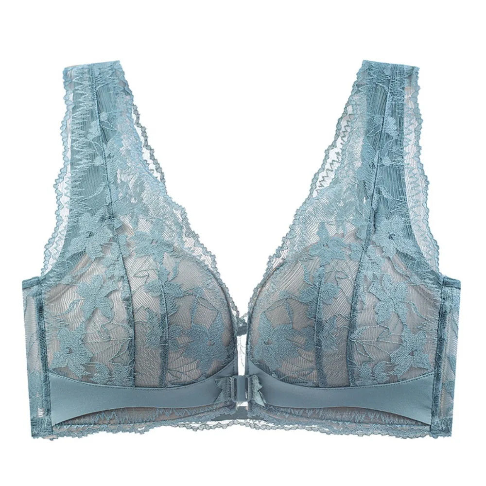 Sexy Lace Front-fastening Bra V Neck Design Anti-sagging Support Push-up Thin Bra Breathable Wire-free Bra Comfortable Daily Use