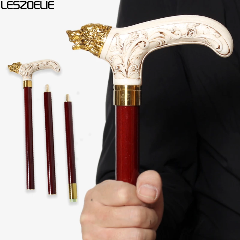 92cm Gold Wolf Head Walking Stick Metal with Resin Handle Red German Beech Wood Canes for Men And Women
