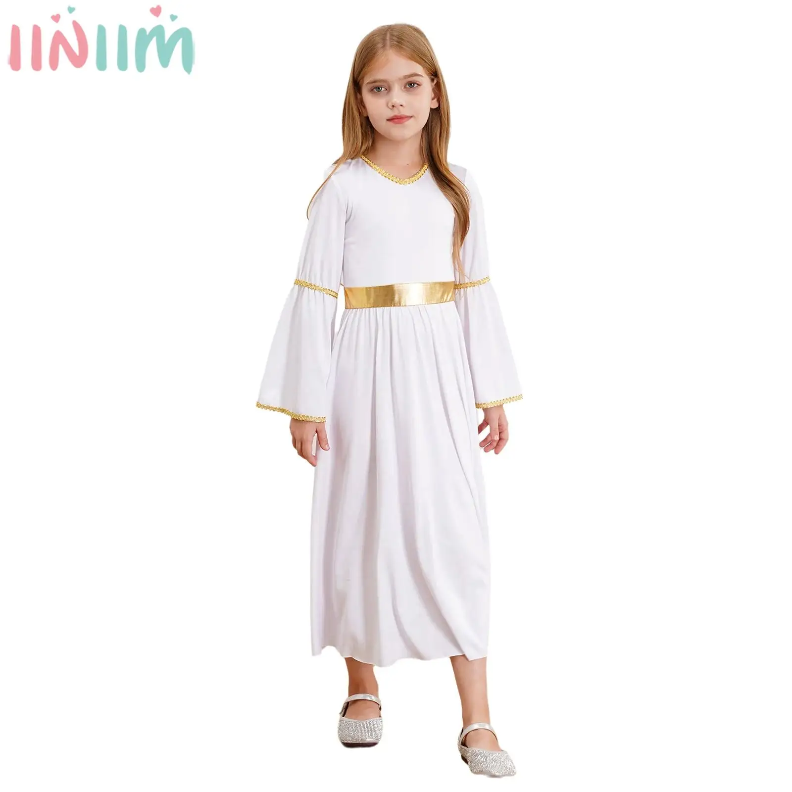 Kids Girls Halloween Carnival Angel Goddesses Princess Cosplay Dress Long Sleeve Gold Trim Gown Church Choir Worship Toga Robe