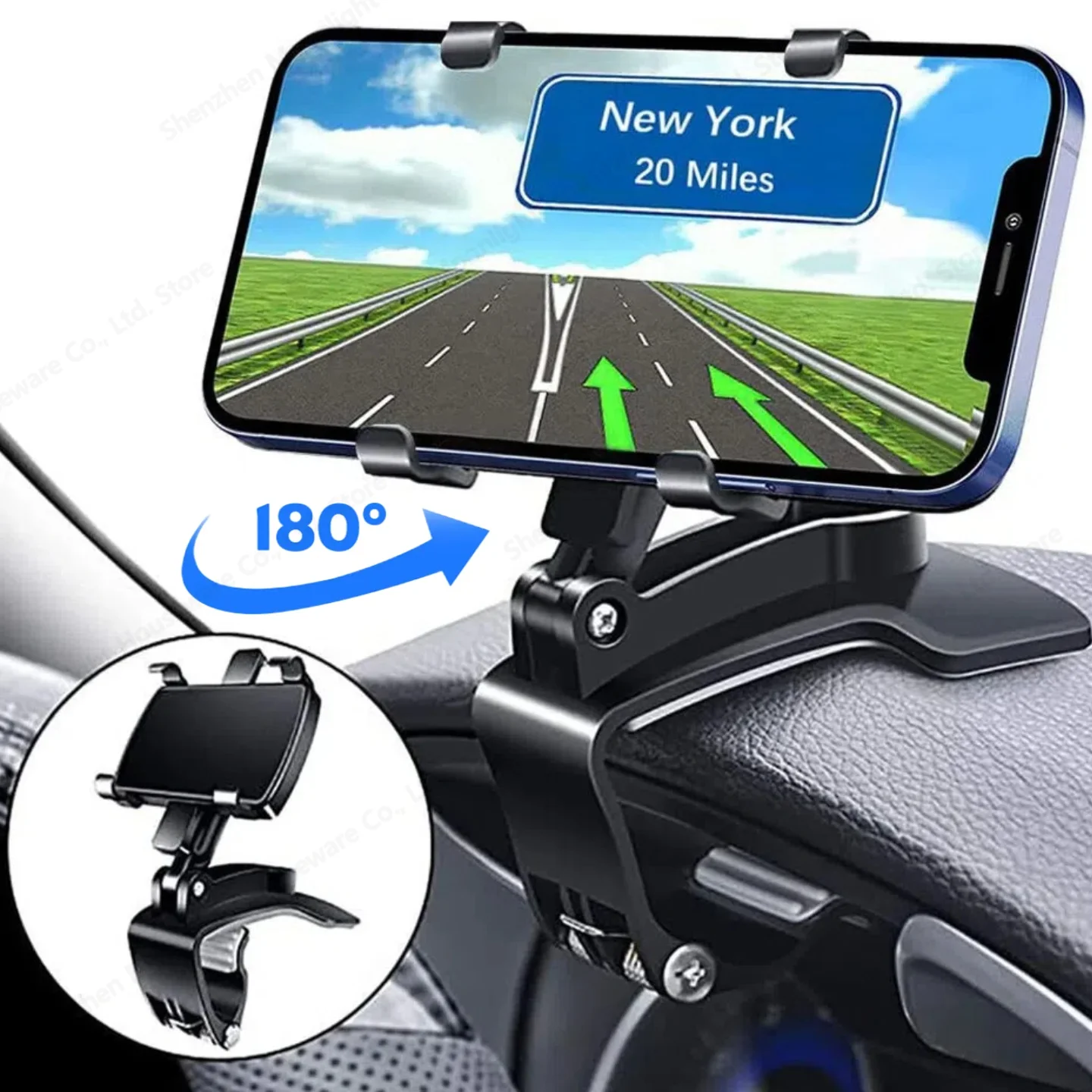 360° Rotatable Car Phone Mount - Multi-Function Clip-on Dashboard & Rearview Mirror Holder for Universal Navigation Devices