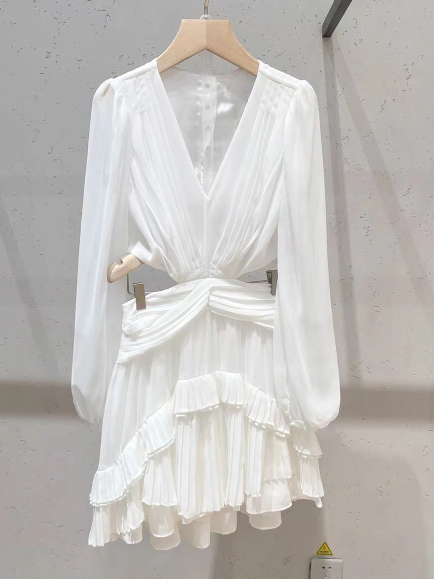 

High Waist V-Ne White Cake Dr Belly South Oil High-End Women's Faion Autumn Commuter Sle Hollow out Long Sve