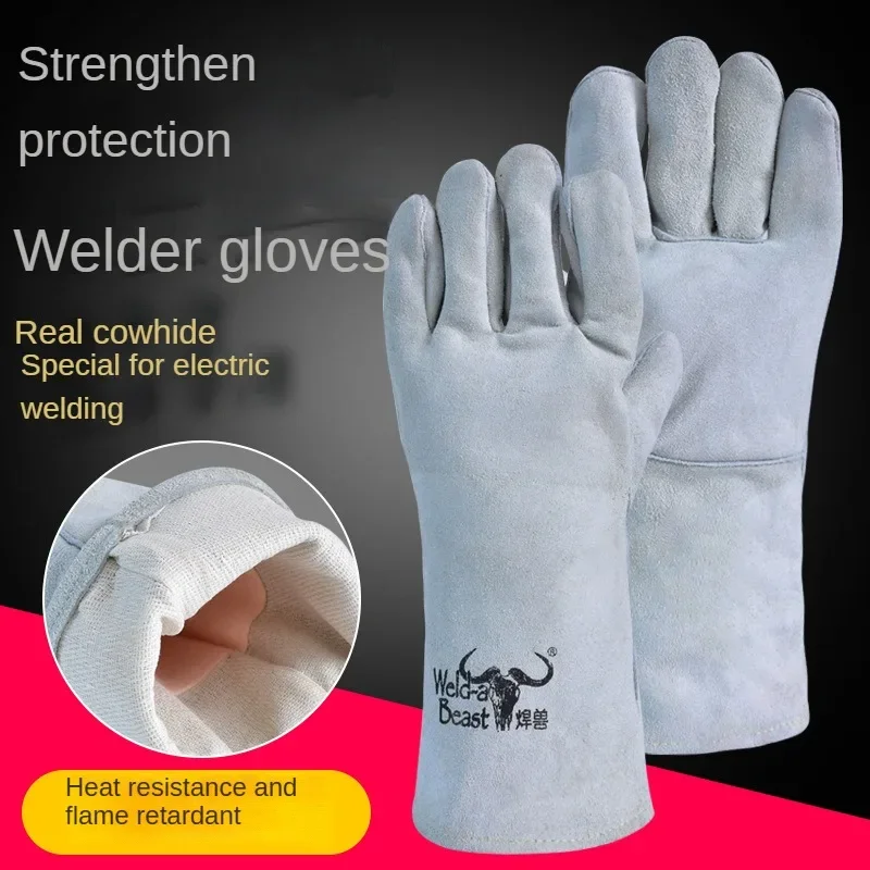 All Cowhide Electric Welding Gloves Welding Beast Double Thickness Welding Heat Insulation Wear-resistant Lengthening Welder