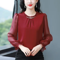 Spring Autumn New Long sleeved Satin Blouse Patchwork Ruffle Tops Korean Beaded Women White Shirt