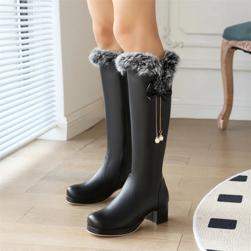 YQBTDL Lolita Style Knee High Boots Pumps Pearls Pendant Bow High Heel Platform Ladies Round Toe Block Heels Shoes Women Winter