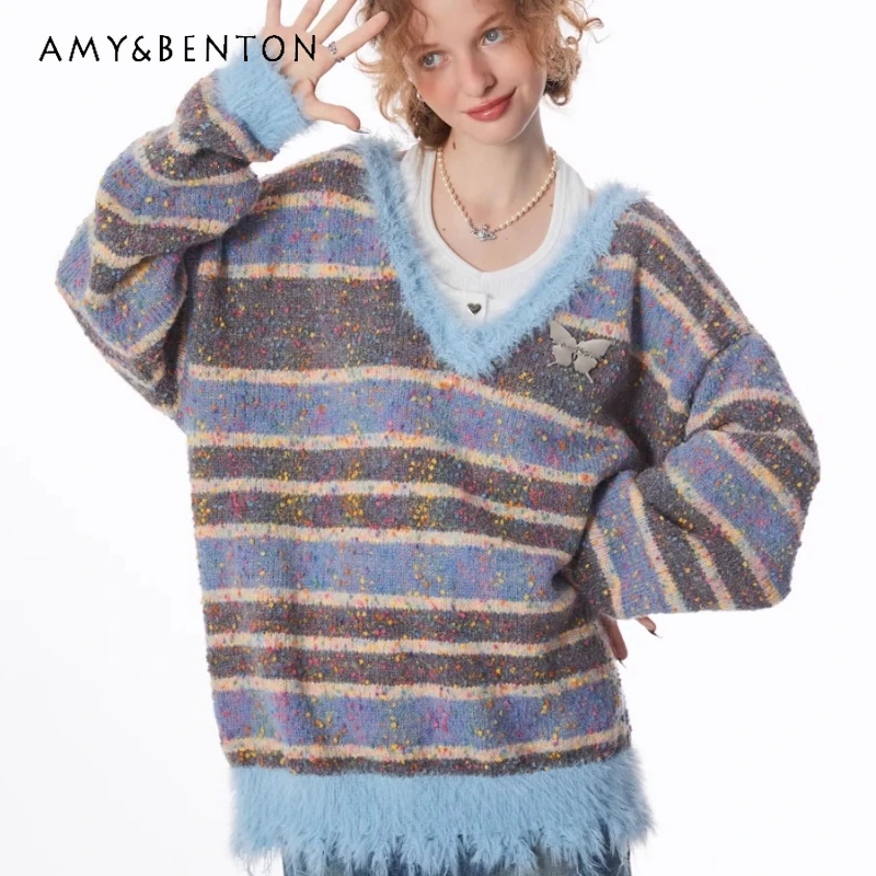 

Autumn Winter New Striped Tassel Large V-neck Women's Sweater Vintage Design Loose Slimming Versatile Pullover Sweaters Ladies
