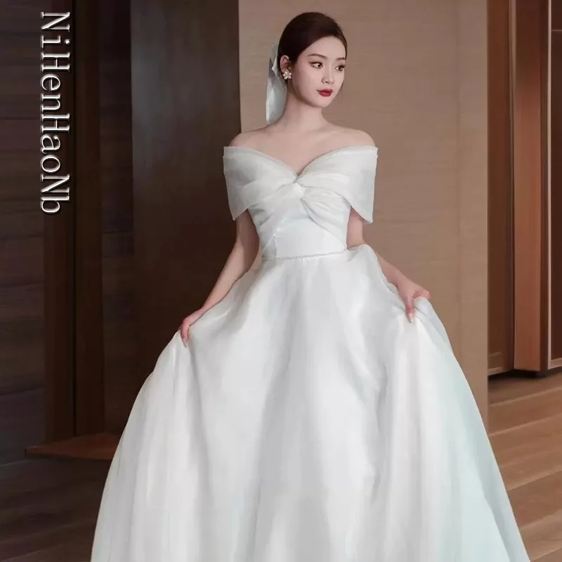 French Light Wedding Dress Bride Super Fairy White Temperament One-word Shoulder Dress Vestidos De Novia