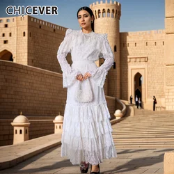 CHICEVER Solid Spliced Ruffles Long Dresses For Women O Neck Flare Sleeve Patchwork Lace Up Autumn Loose Embroidery Dress Female