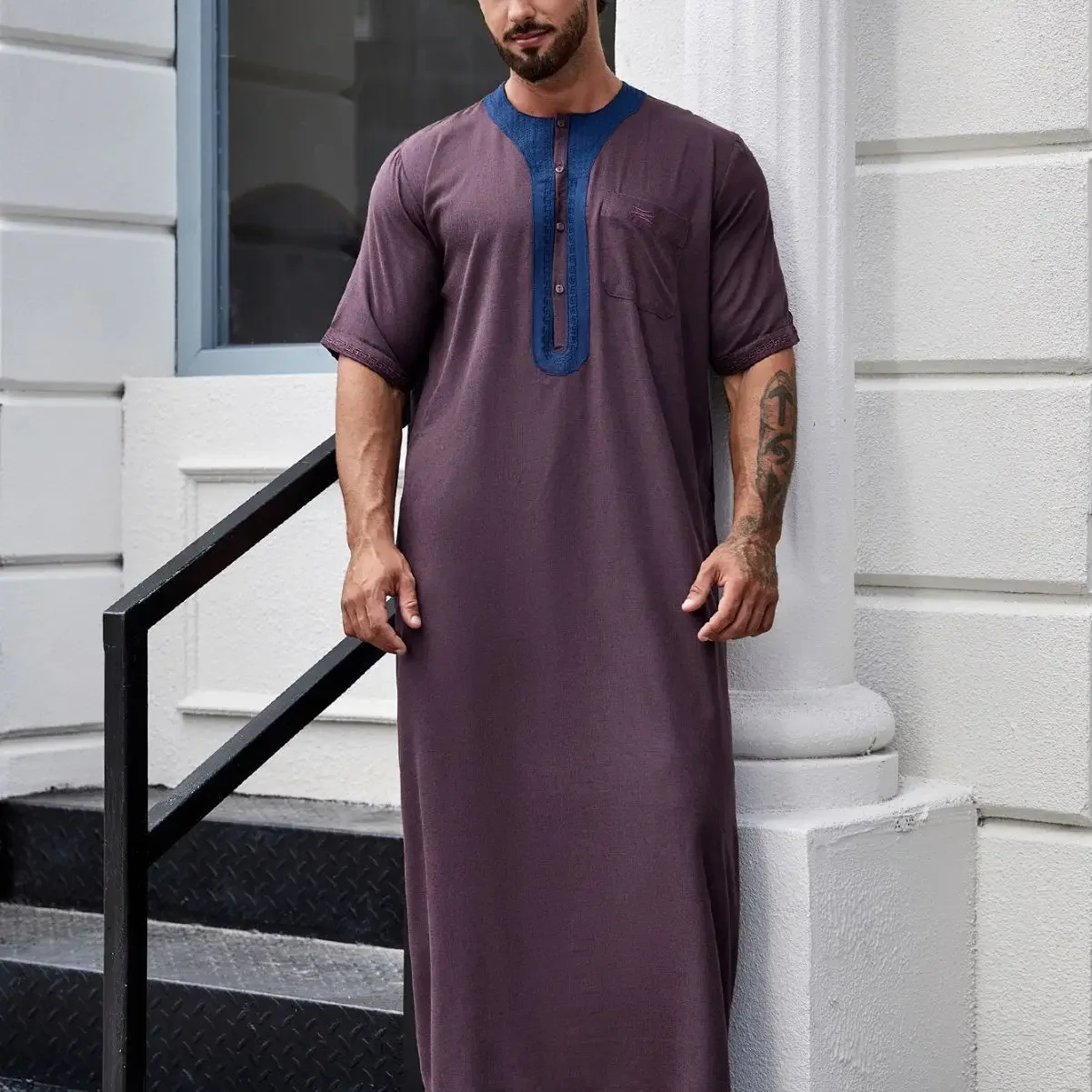 Homens vintage meia manga muçulmano kaftan robes lazer decote em v impresso jubba thobe sólido retalhos roupas árabes plus size S-3XL