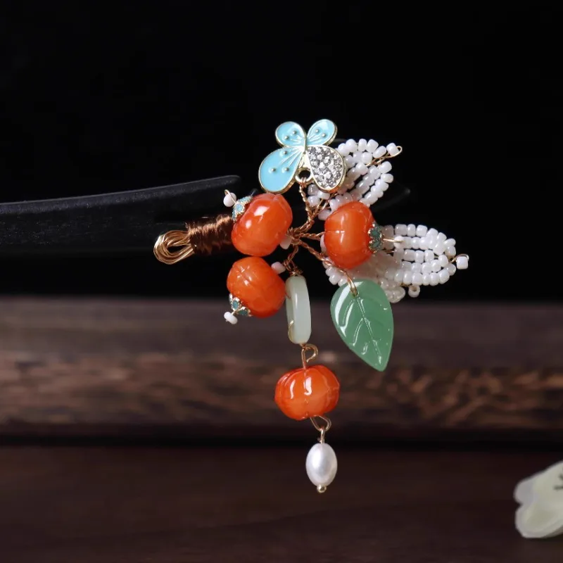 Épingle à cheveux en bois avec pompon fait à la main, disque en perles de citrouille, couvre-chef quotidien simple, accessoires cheongsam