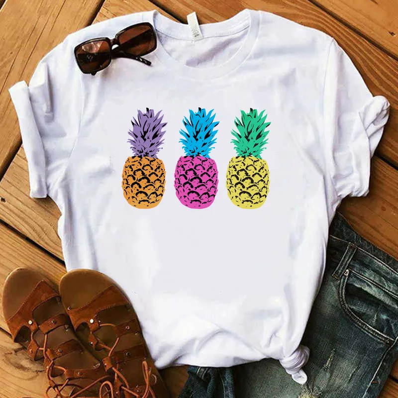 Pineapple Watermelon Fruit Print Short Sleeve White Round Neck T-shirt for Women Graphic T Shirts  Tops  Aesthetic Clothes