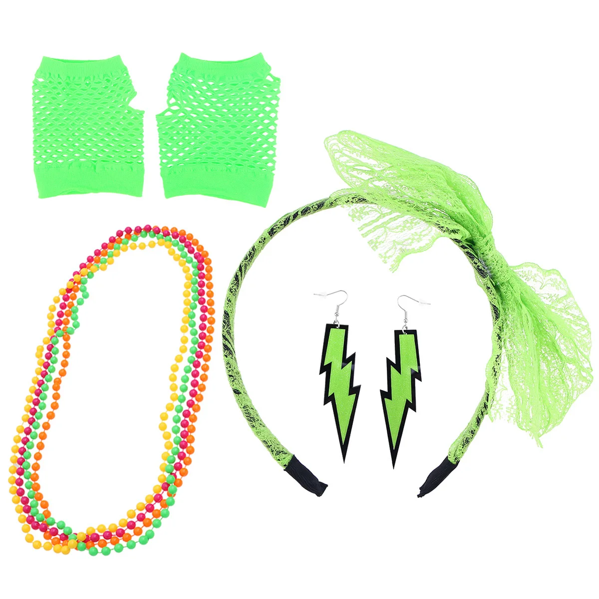 Ensemble d'accessoires de Costume des années 80, bandeau en dentelle, gants en résille sans doigts, boucles d'oreilles néon, collier, série vert clair pour fête