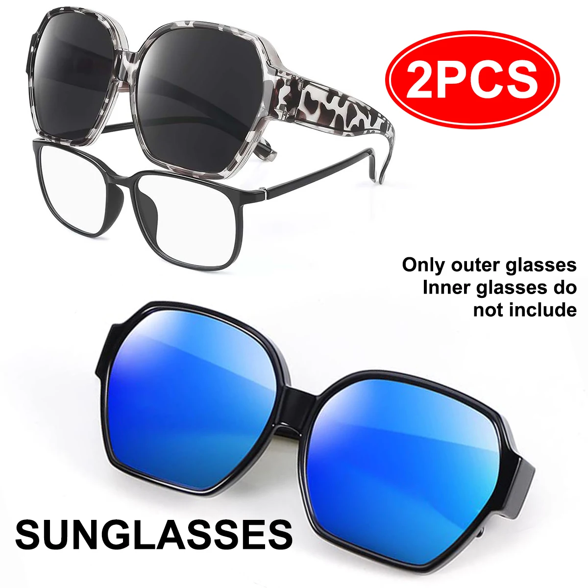 

Солнцезащитные очки, которые можно носить поверх обычных очков, для женщин и мужчин, 2 шт., защита от УФ-излучения UV400, квадратные, очень большие, модель T01