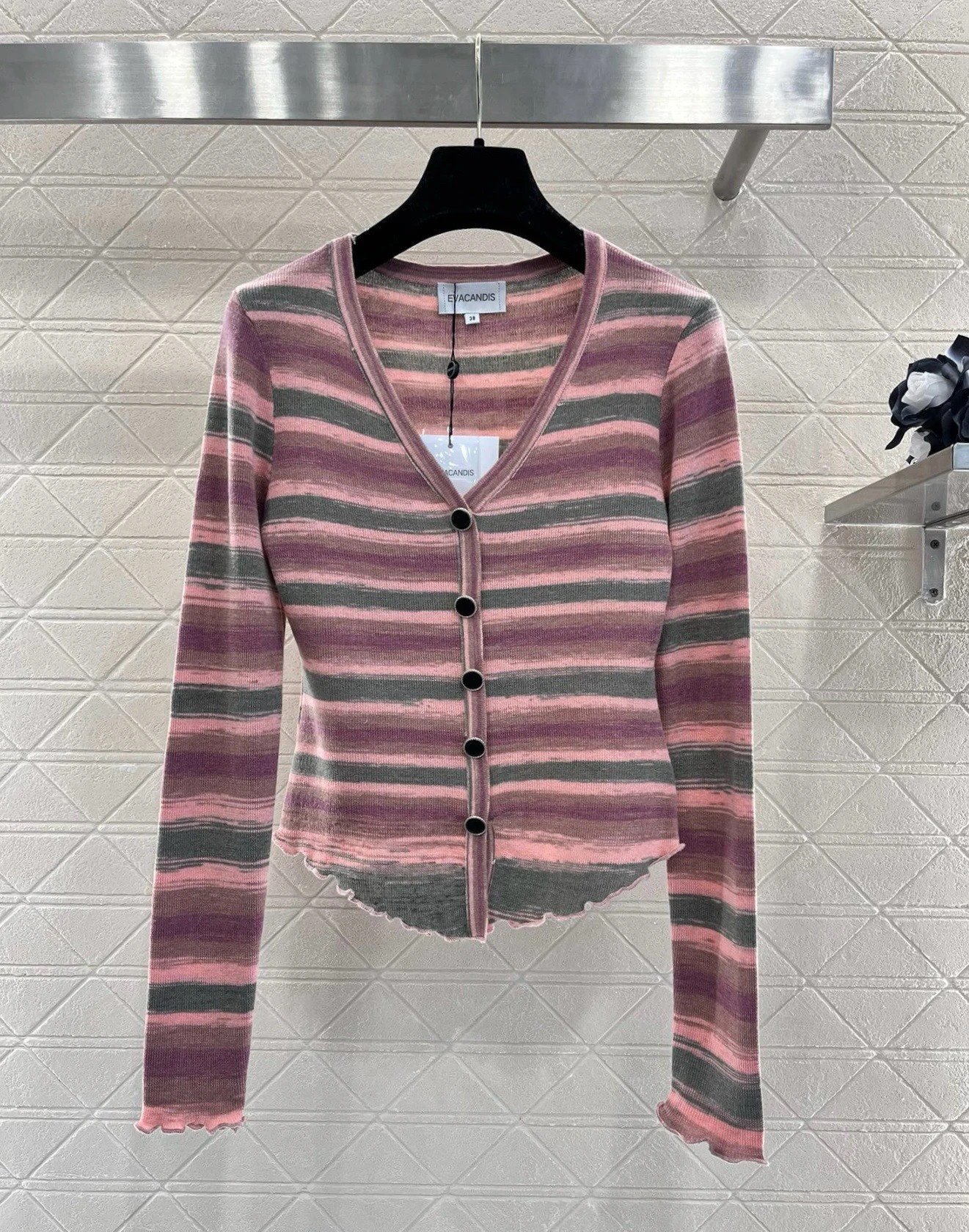 EVACANDIS Autumn New Elegant Vintage Striped Wool Knitted Cardigan Long Sleeve Tops V-Neck Single Breasted Sweet Chic Blouse