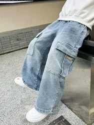 Teen Boys Straight Leg Cargo Jeans New Spring/Autumn Kids Wide Leg Denim Long Pants for Children Loose Pockets Trousers 5 14 Yrs