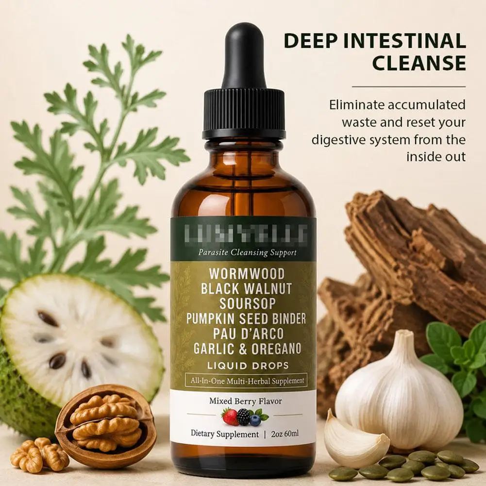 All In One Wormwood Herbal Drops 60ml Mixed Berry Flavor Liquid Supplement with 7 Plant Ingredients for Daily Body Care