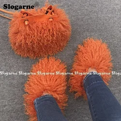Women's Fashion Sets Fur Slippers Fur Handbags Woman Luxury Faux Fur Set Slides Furry Bag Purse Wallet Indoor Shoes Plus Size 49