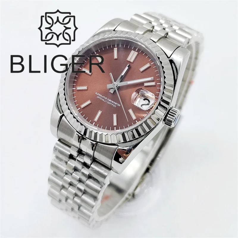 BLIGER 36mm/39mm Watch NH35 Fluted Bezel Sapphire Glass Cyclop Date Brown Dial Roman Index Jubilee Bracelet Slide LockWaterproof