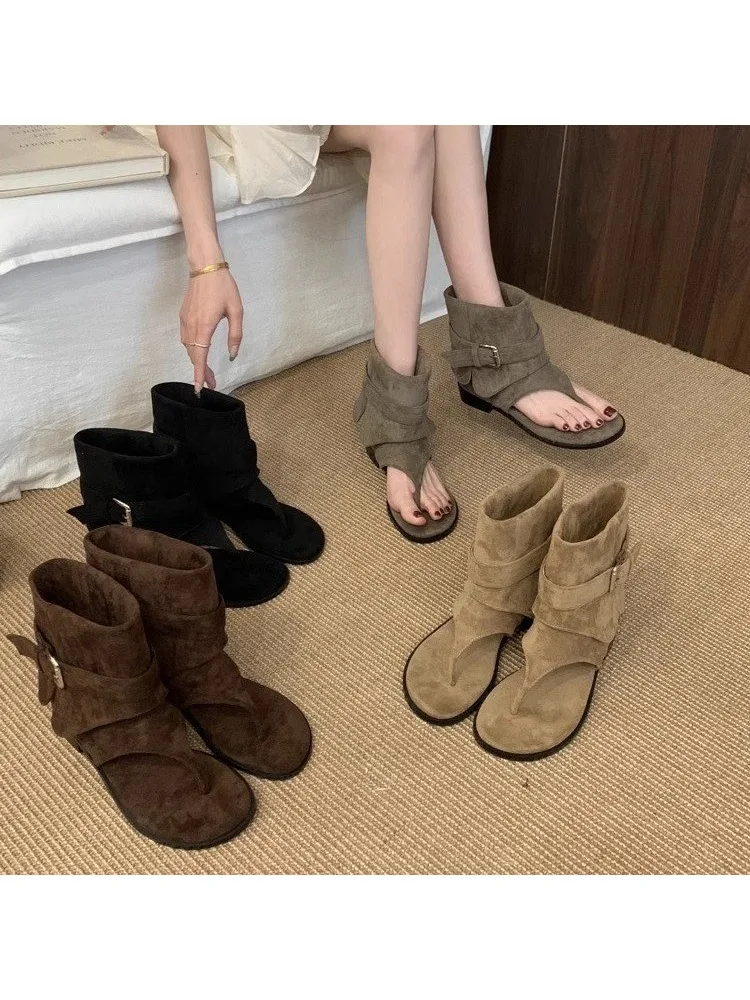 Nouveau 2025 été femmes sandales bottes mode bout ouvert appartements en peau De mouton sandales rétro haut dames chaussures De rue Zapatos De Mujer