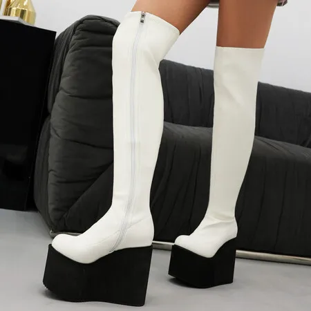 Platform Wedge Over Knee High Boots For Women Shoe 2024 Trends Black White Pink Heels Long Boot Winter Shoes Female Waterproof