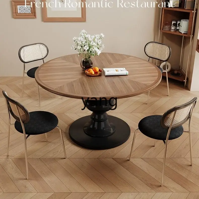

LH antique dining table retro household round solid wood parquet minimalist small apartment dining table