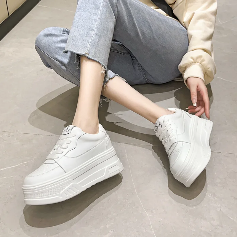 Fujin 6.5cm Genuine Leather Platform Wedge Female Women Fashion Sneakers Chunky Spring Autumn Summer White Women Casual Shoes