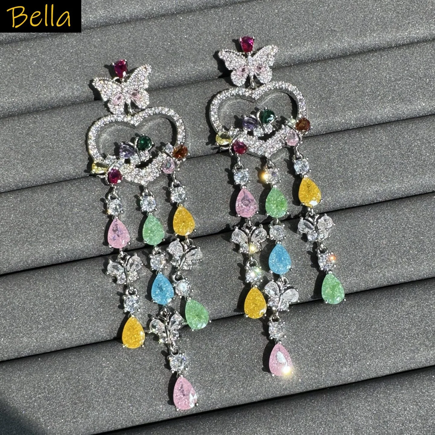 

cubic zirconia earrings for women long jewelry butterfly heart teardrop dangling earrings colorful fushia blue pink