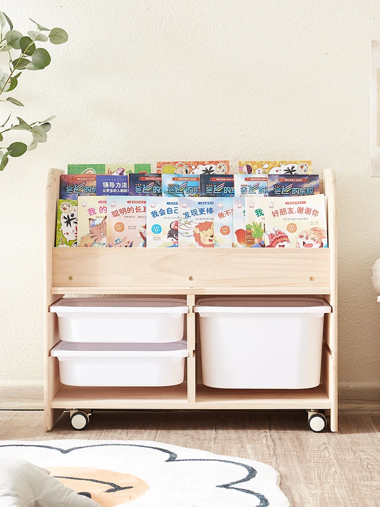 Children's Bookshelf Home Shelf Solid Wood Reading Picture Book Shelf Simple Bookshelf Movable Storage Cabinet Movable