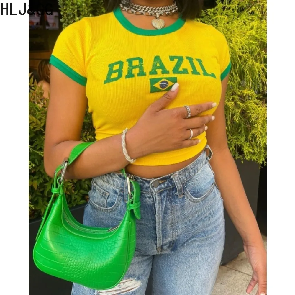 HLJ&GG Fashion Y2K Trend Streetwear Women Round Neck Short Sleeve Slim Crop Tops Summer New Female Letter Printing Tshirts 2024