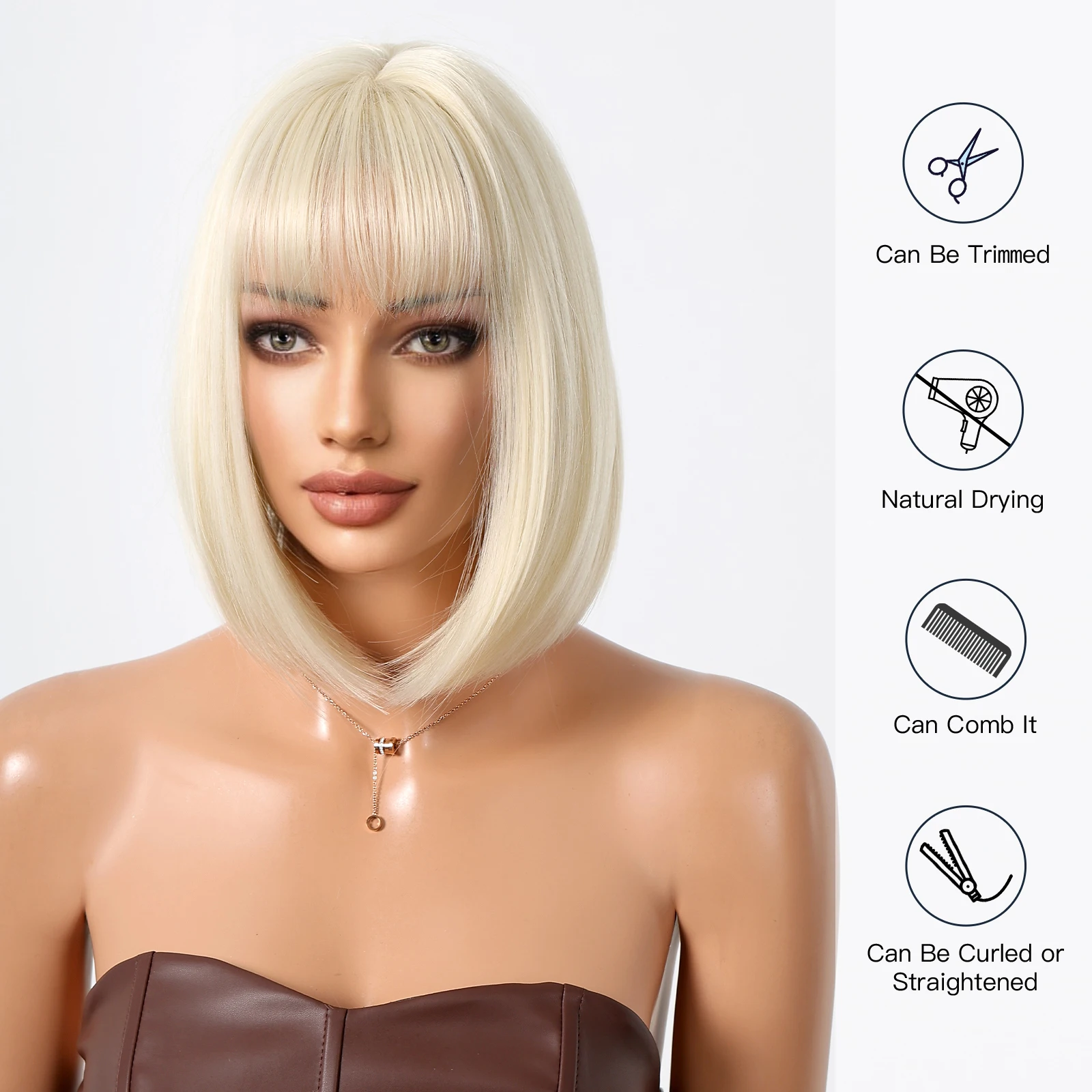 Krótka peruka z prostymi włosami Blonde Bob Cute Synthetic Hair Wig with Bangs Blonde Party for Women Fiber Fake Hair for Cosplay Costume Wig