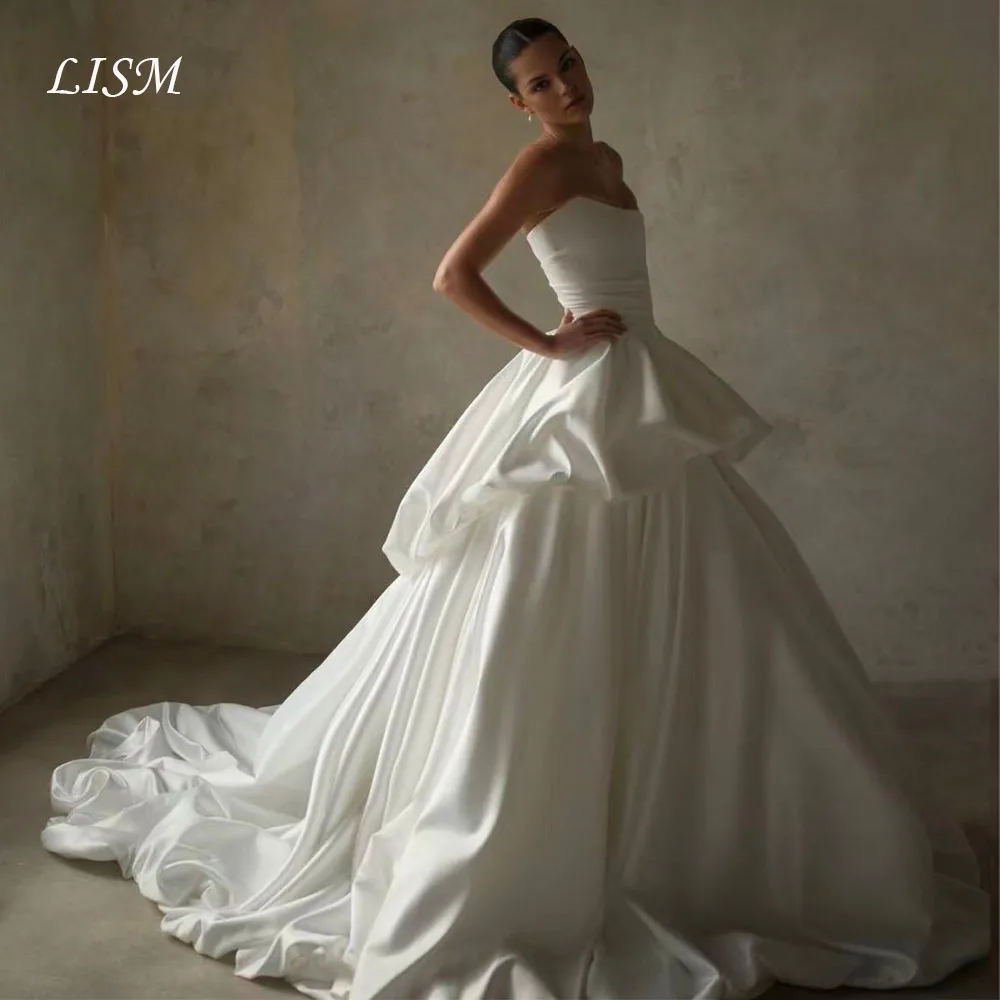 

Lism Customized Modern Wedding Dress Strapless Tiered Draped Ivory Satin Train A-Line Luxury Bridal Gown Vestido De Novia 2026