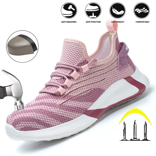 Imagen 1 del producto Zapatos de seguridad rosas para mujer, zapatos de trabajo ligeros, suaves y transpirables con cabeza de acero antigolpes, zapatos de seguridad industriales para exteriores para mujer
