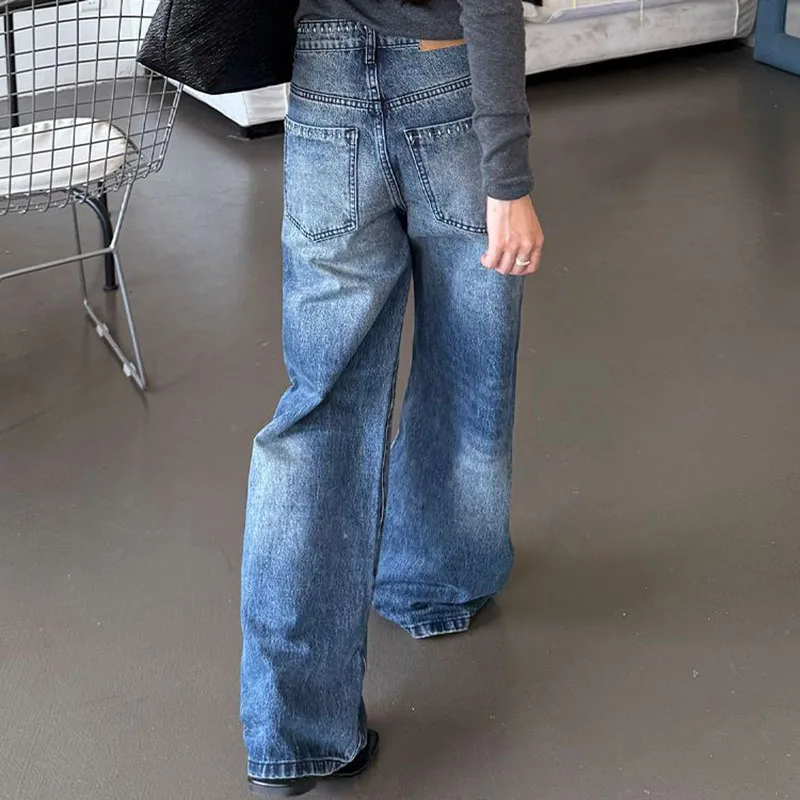 Washed Single Breasted Jeans For Women American Fashion Retro Embroidered Denim Pants Casual High Street Female Trousers