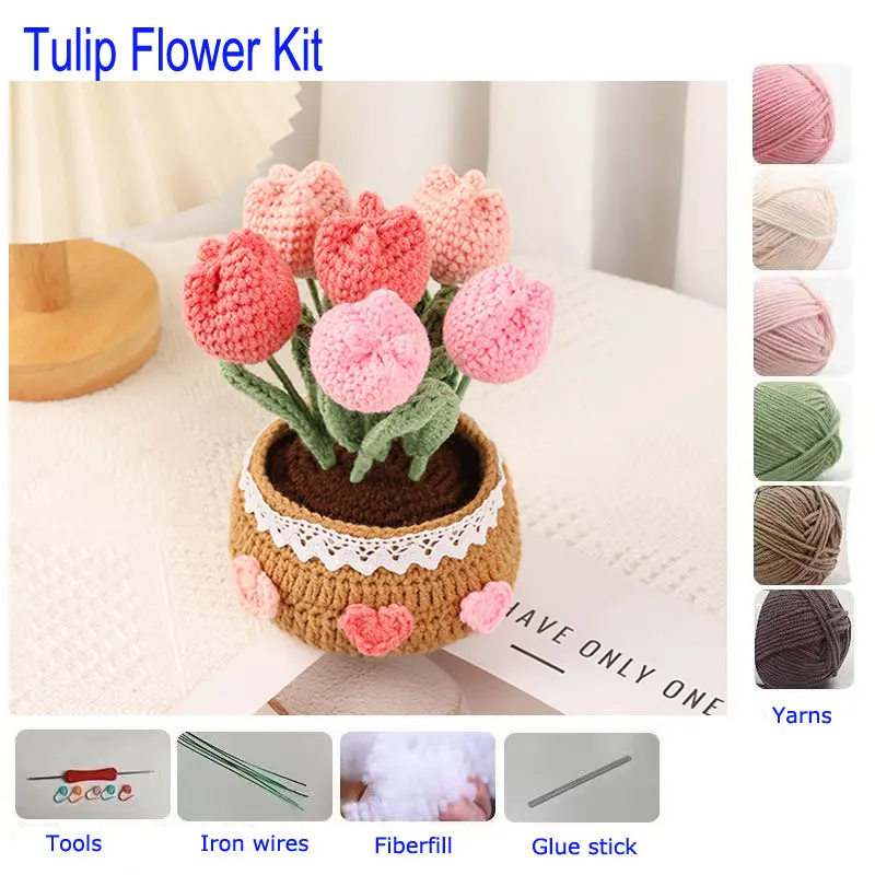 Fleurs Artificielles Crochetées à La Main En Laine - Bouquet Rose B Pour Vase, Mariage, Déco Maison Et Fête