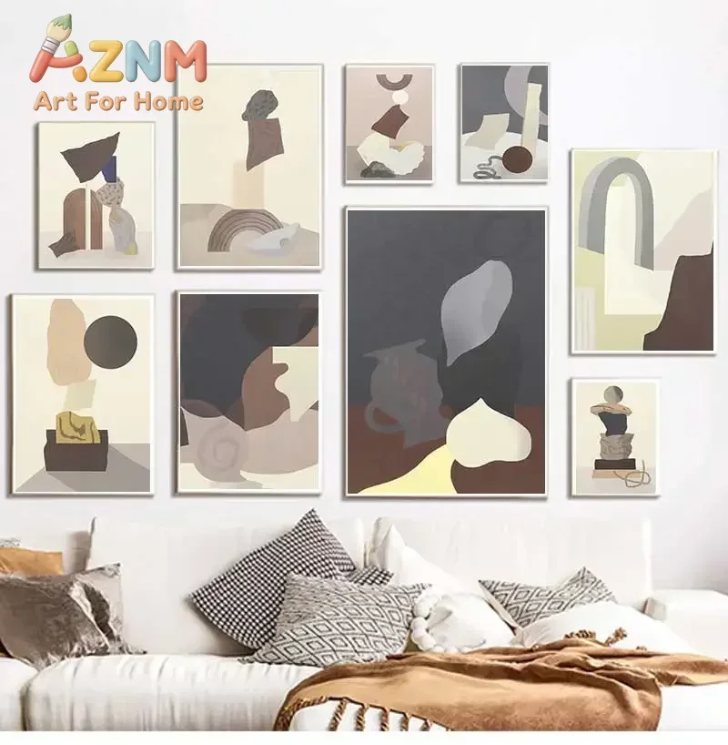 AZNM Abstract Geometric Canvas Wall Art Neutral Earth Tone Boho Shape Vase Still Life Frameless Print Poster for Living Room Dec