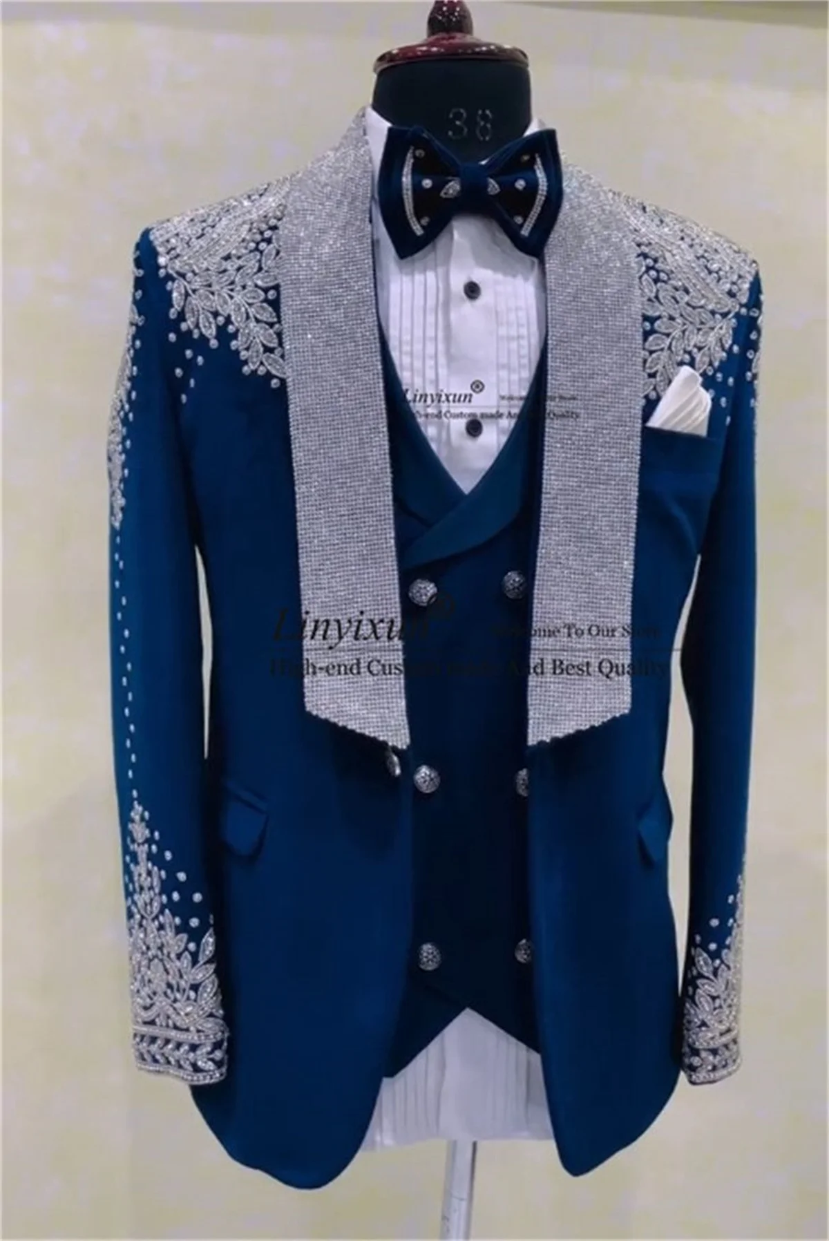 Customized Jewelry Ornament Tuxedo Men Suits Glitter Sequins Lapel Groom 3 Pieces Sets Wedding Male Prom Blazers Ternos Completo