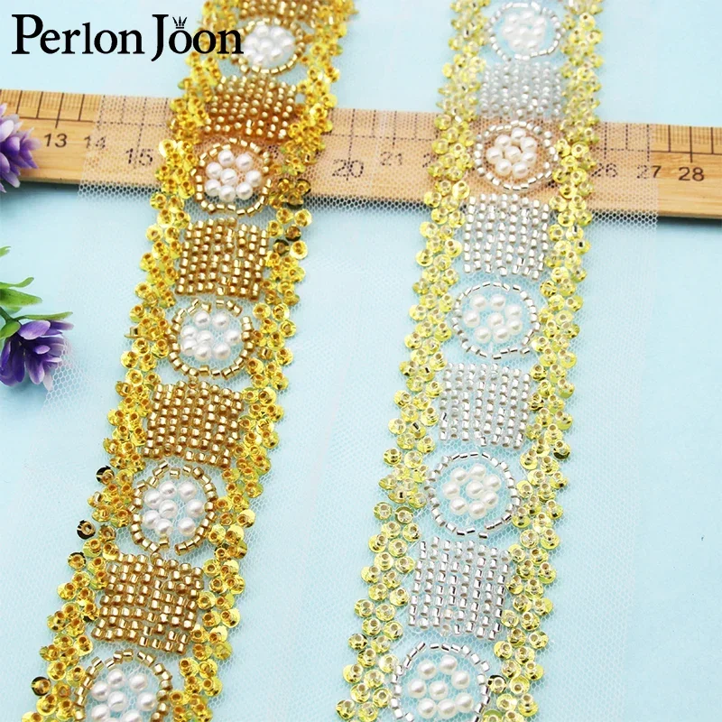 

5Yards Shiny Sequins Pearl Glass Beaded Lace Imitation Handmade Webbing DIY Decoration for Dress Belt Clothing Accessories HB031