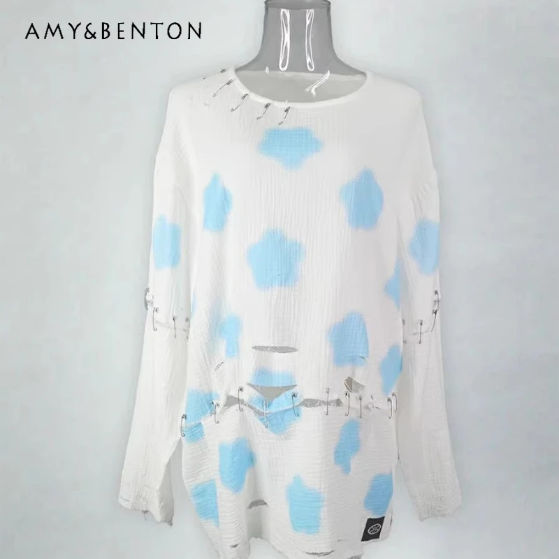

2026 New Punk Style Fashion Star Pin Women's T-shirt Original Design Sweet Cool Y2k Loose Versatile Long-sleeved T-shirts Ladies