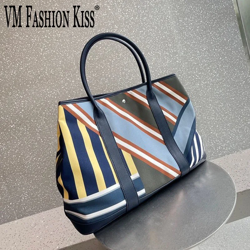 

Women's Top Handle Bag Linen Striped Canvas Large Capacity Ladies One Shoulder Underarm Bucket Bag Purses And Handbags Luxury