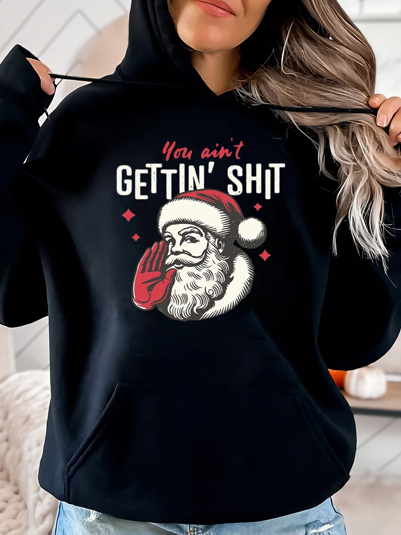 Santa Claus Hand Sign You Ain'T Getting Christmas Hoodie feminino casual férias wear preto plus size