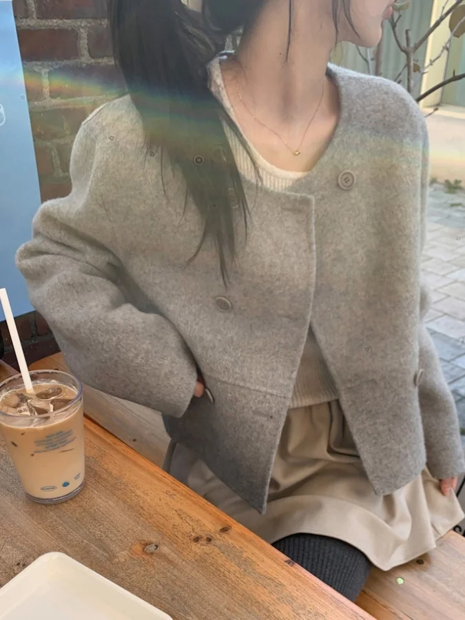 Ele ort Woolen Coat Chic Retro round Ne Double Button Women's Faion Outerwear Commute Sle Long Sve  Color