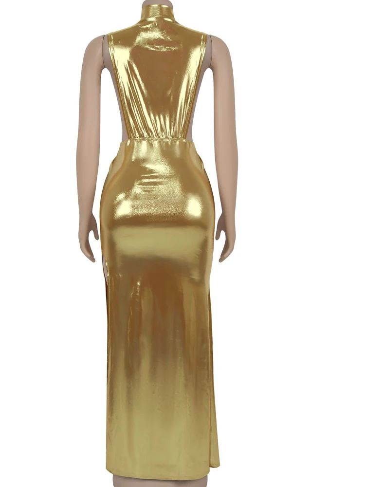 ชุดเดรสวันเกิดสุดหรูของคริสซีน ชุดเดรสปาร์ตี้หนังเมทัลลิกแบบเว้าคอเก๋ไก๋ ชุดคลับแวร์เซ็กซี่ ชุดคริสต์มาส