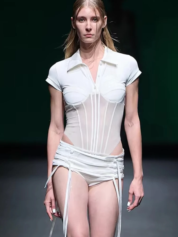 Nibber Music Festival 2-teiliges Set Damen Trend Knopf Polo-Ausschnitt Mesh Patchwork Bodys + Band Kurze Party Sexy geraffte Anzüge