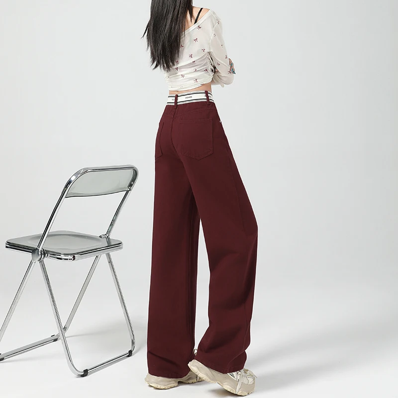 Women's Wide-Legged Draping Trousers, Simple and Versatile Loose Jeans, Red, Trendy, American, New Style, Autumn and Winter