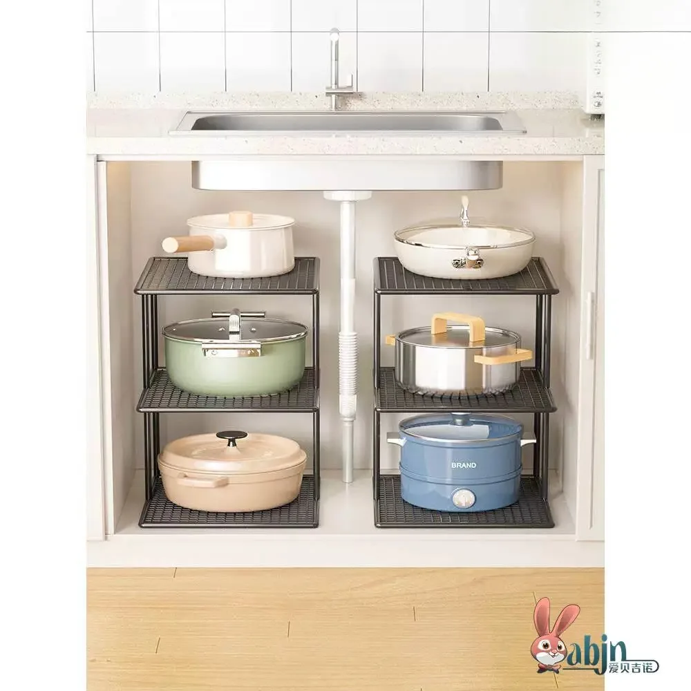 Kitchen Pot Rack Multi-layer Storage Shelf Dishware Organizer Double-layer Pan Holder under Sink Cabinet Organizer