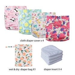 New 4pcs/ Set Waterproof Pocket Cloth Diaper Suit With 4 Inserts and 1 Wet Bag Newborn Diaper Cover Baby Nappy Pants Gift Bag