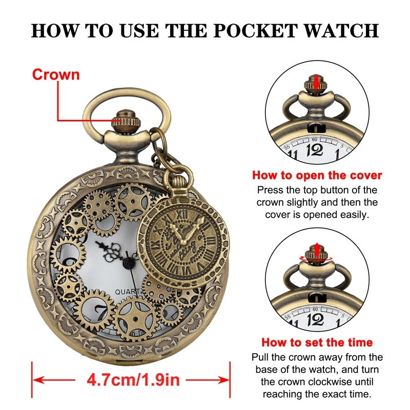 Vintage Antique Copper Steampunk Bronze Hollow Gear Quartz Pocket Watch Necklace Pendant Clock Chain Men Women with Accessory