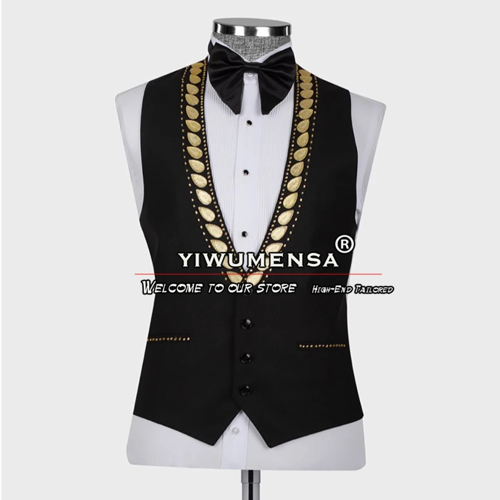 Groom Tuxedos Fit Slim Golden Beading Black Wedding Suits For Men Luxury 3 Piece Jacket Vest Pants Bridegroom Suit Man Clothing